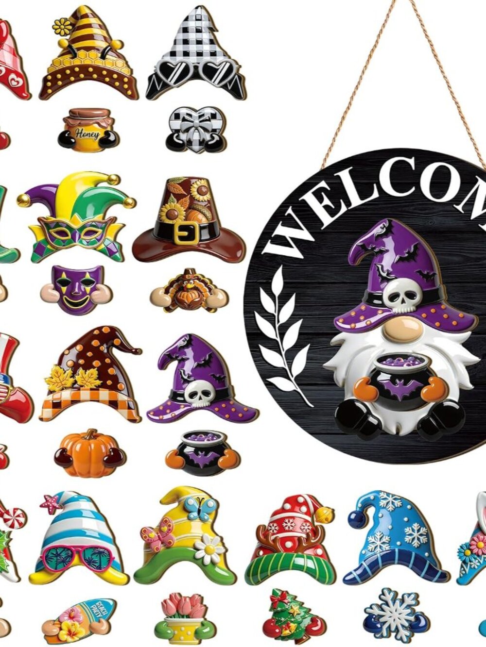 30 Pcs Seasonal Interchangeable Wooden Gnome Decor,3D Glam,Black